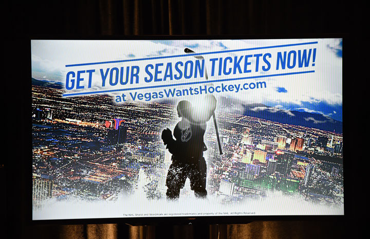 A television shows an advertisement from Hockey Vision Las Vegas during a news conference at the MGM Grand Hotel & Casino announcing the launch of a season ticket drive to try to gauge if there is enough interest in Las Vegas to support an NHL team on February 10, 2015 in Las Vegas, Nevada. 