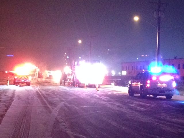 Emergency crews on scene of a double fatal collision in Leduc, Alberta, Wednesday, Feb. 18, 2015. 