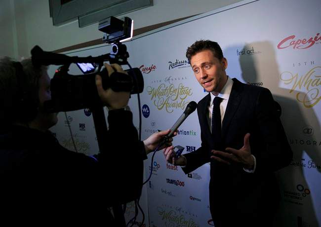 Actor Tom Hiddleston, winner of Best Play Revival for Coriolanus poses for photographers in the winners room during the The Whatsonstage Awards 2015, at the Prince of Wales Theatre, in London, Feb 15, 2015.