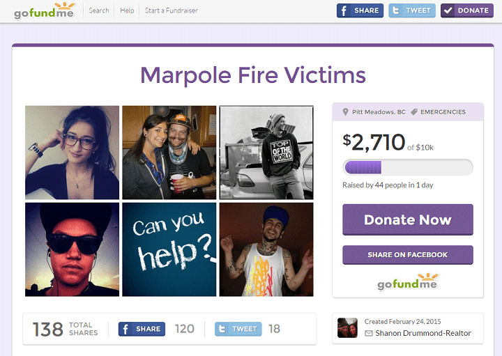 GoFundMe page set up for 11 young adults who lost everything in a house fire in Marpole on Feb. 24, 2015.