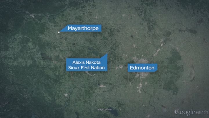 Map of the Alexis Nakota Sioux Nation in relation to Mayerthorpe, Alta. and Edmonton. 