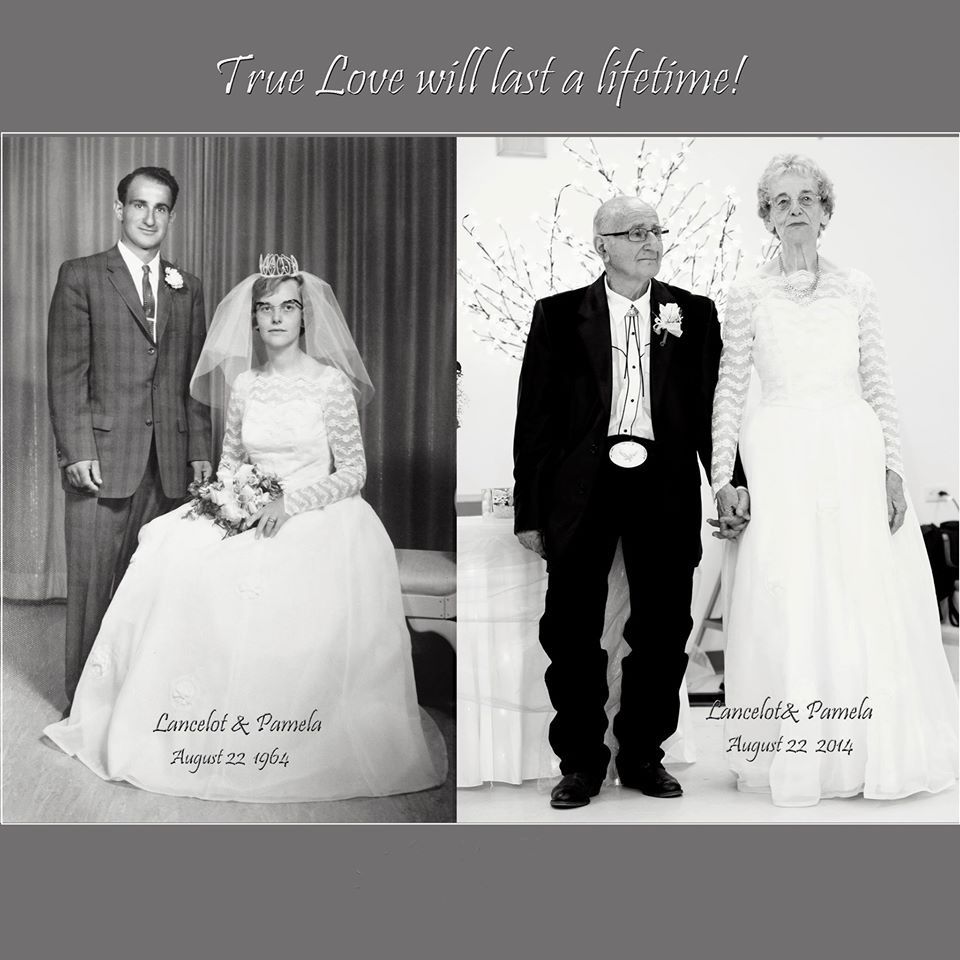 Lancelot and Pamela Mitchell on their wedding day, and on their 50th anniversary.