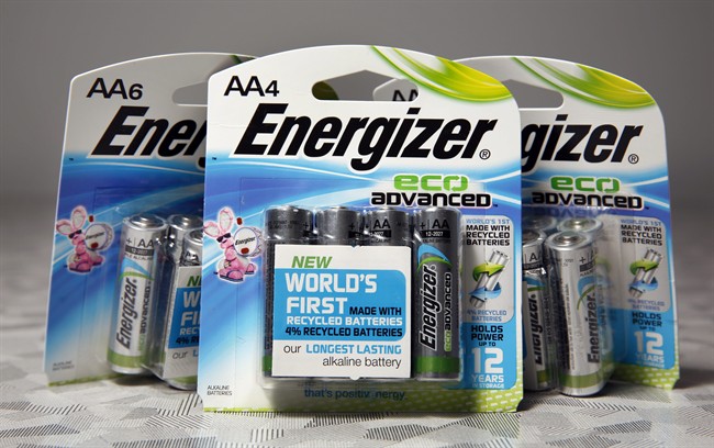 This Monday, Feb. 2, 2015 photo shows examples of new Energizer EcoAdvanced batteries, at the company's headquarters in St. Louis. Energizer EcoAdvanced is expected in stores this week and are being touted as the first AA and AAA batteries made in part from recycled batteries.