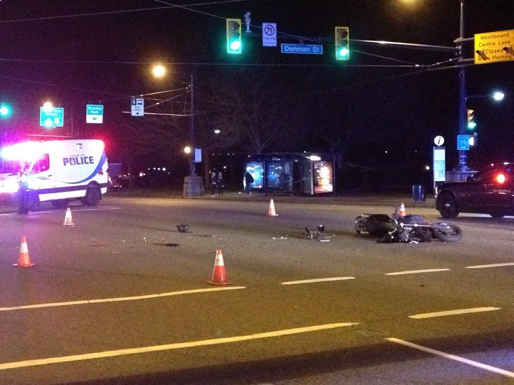 The scene of an accident involving a motorcycle in downtown Vancouver on Feb. 11, 2015.