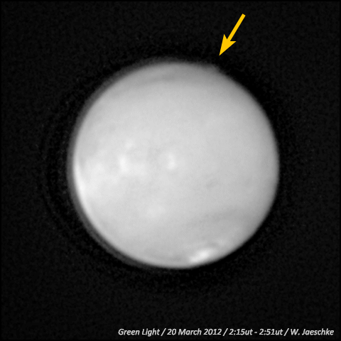 Observations of a mysterious plume-like feature (marked with yellow arrow) at the limb of the Red Planet on 20 March 2012. 