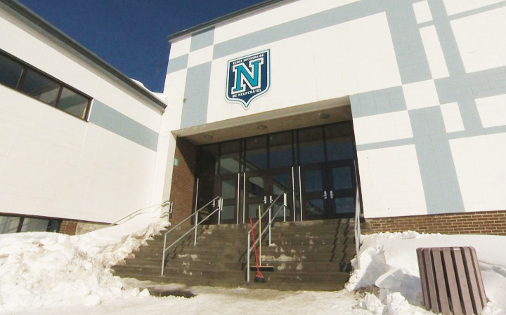 The exterior of Neufchatel High School in Quebec City where a 15-year-old student was strip searched by school authorities in February 2015.