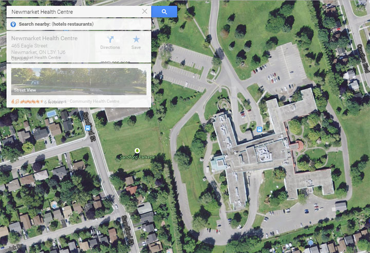 News outlets in the UK are having a good laugh after discovering satellite imagery of Newmarket, Ont. health centre. 