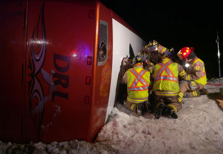 About 50 children and their parents were taken to hospital in central Newfoundland late last night after a bus skidded off the rain-slicked Trans-Canada Highway near Grand Falls-Windsor.
