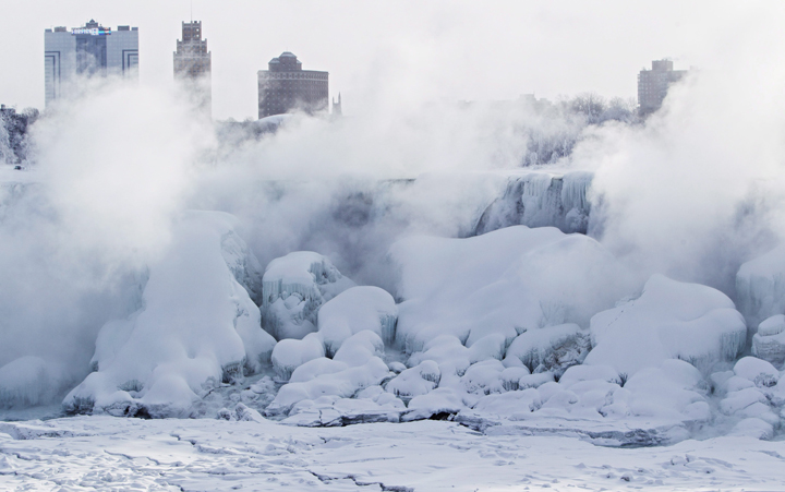 Masses of ice formed in the lower Niagara River and around the American Falls at Niagara Falls.