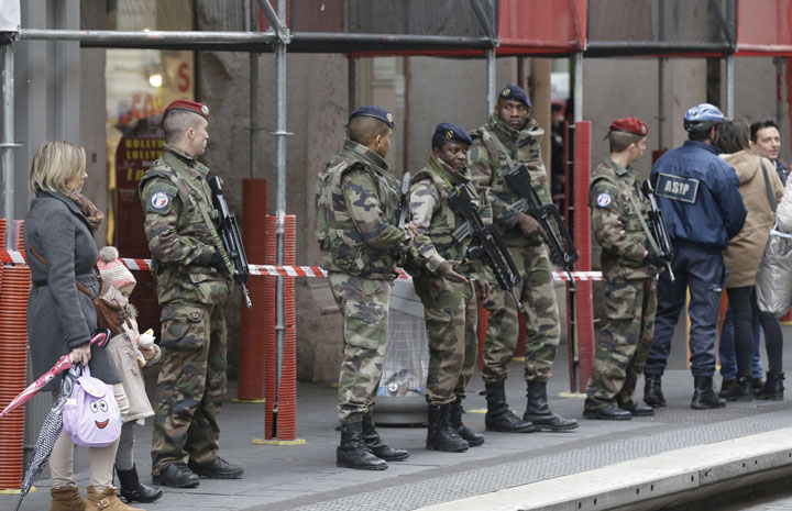 Soldiers stand guard in Nice, southern France on Feb. 3, 2015.