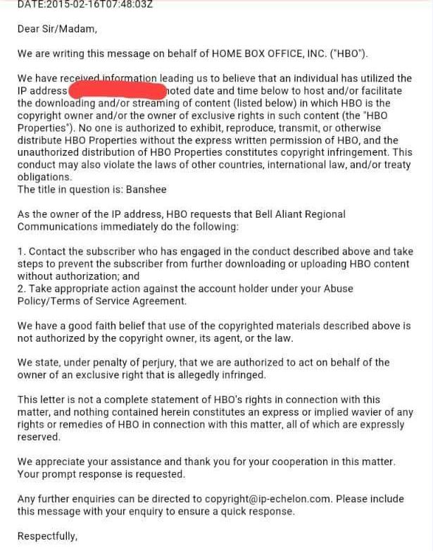 A copy of the notice Beatrix Yuan received from her Internet Service Provider.