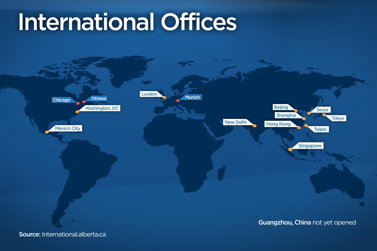 Yellow dots represent Alberta’s remaining international offices. Red dots represent offices that will close.