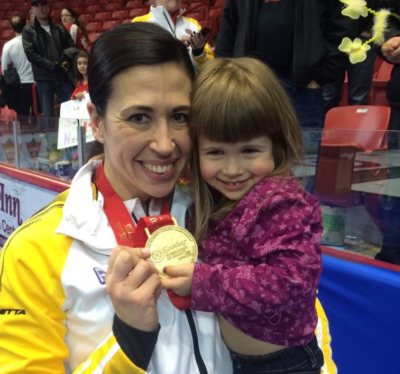 Jill Officer with her daughter after her fifth Scotties Tournament of Hearts win.