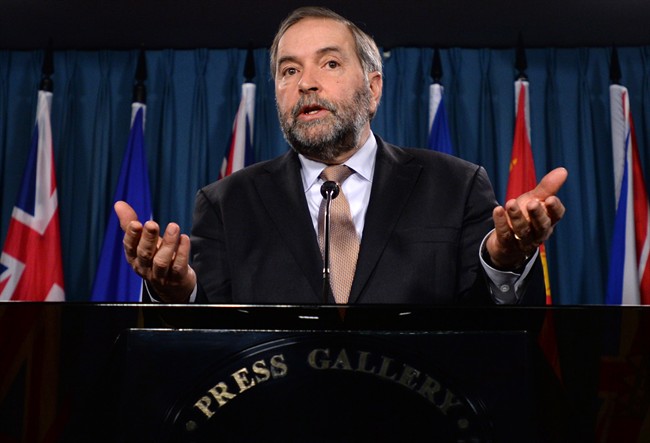NDP Leader Tom Mulcair speaks during a news conference on Parliament Hill in Ottawa on Wednesday, February 18, 2015. 