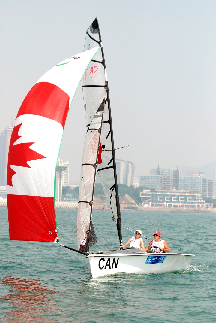 John Scott McRoberts and Stacie Louttit of Canada competes in the SKUD18  Sailing event at Qingdao Olympic Sailing Centre during day seven of the 2008 Paralympic Games on September 13, 2008 in Beijing, China. 