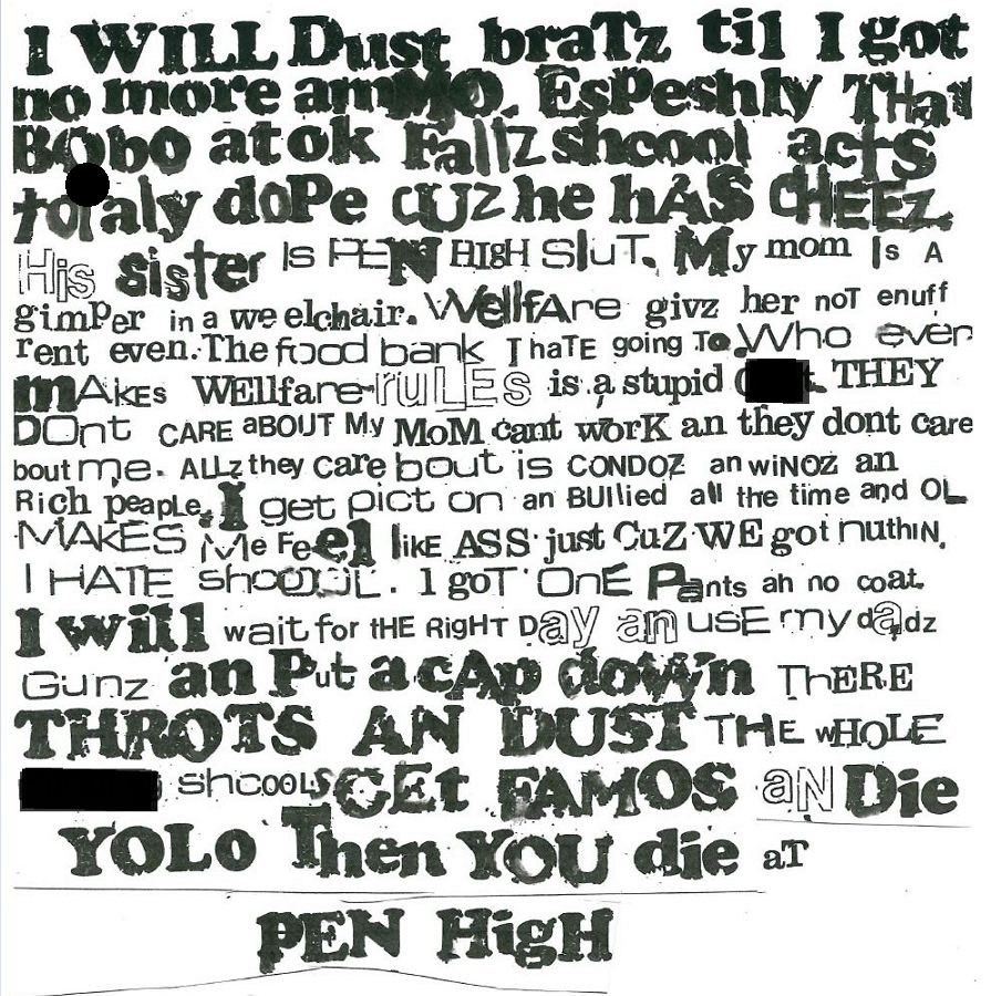 Copies of this threatening letter were found at two south Okanagan schools Wednesday morning (Global News has covered up profanities).  