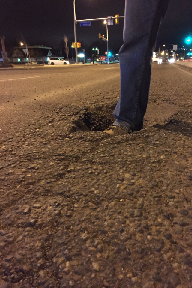 Pothole on Highway 97 between Pandosy Street and Ellis Street.