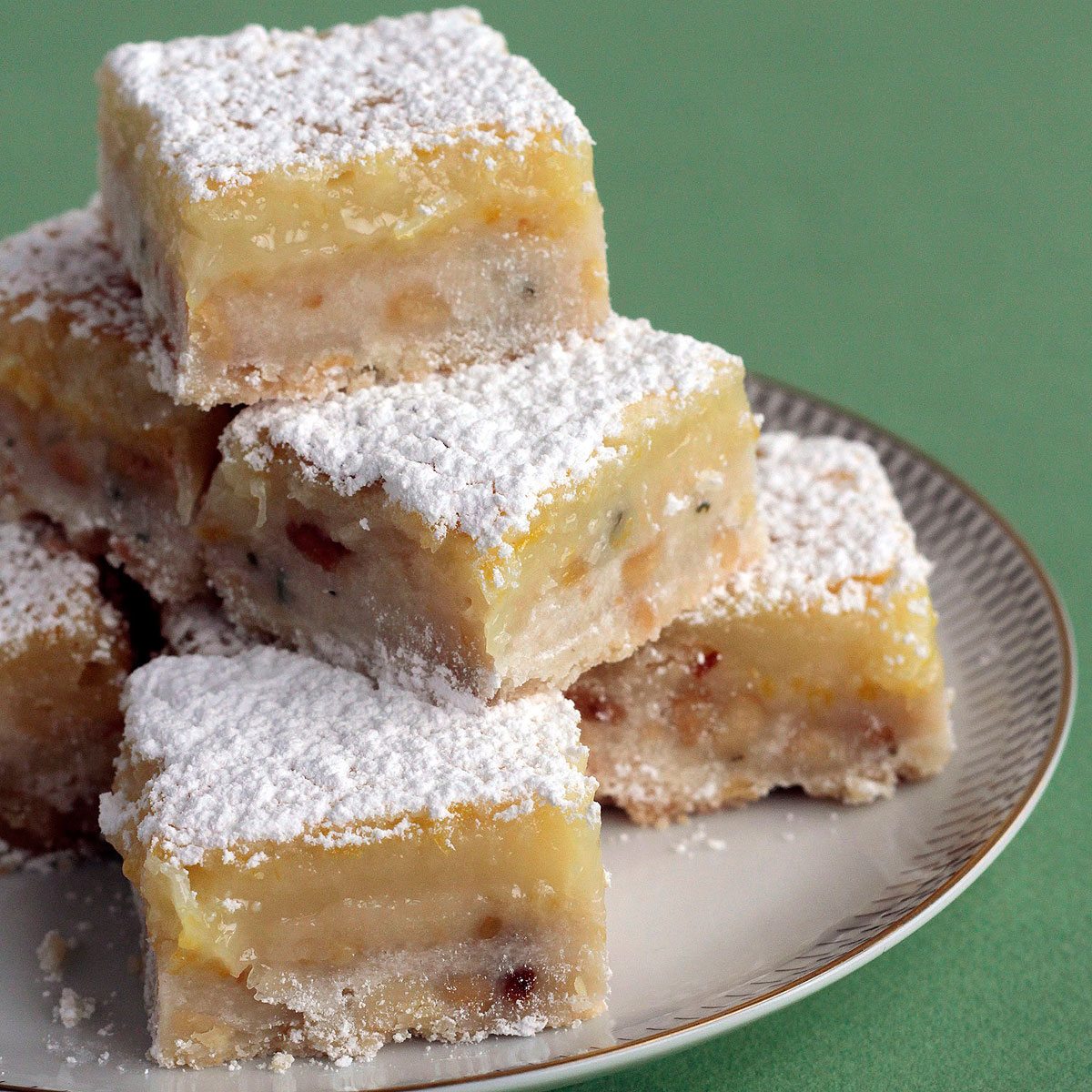 Rosemary, Pine Nut and Fleur de Sel Shortbread Lemon Bars are shown in a handout photo.