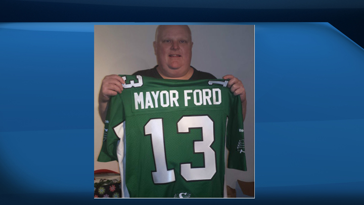 Former Toronto mayor Rob Ford is auctioning off some memorabilia on Ebay including a personalized Saskatchewan Roughriders jersey.