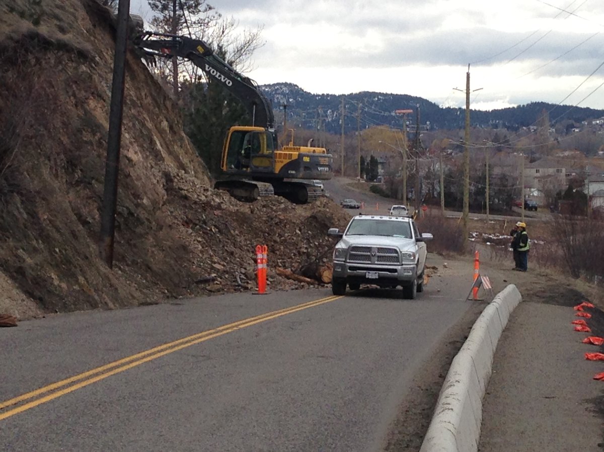 Crews work to stabilize a rock face on the south end of Oyama Road in Lake Country. 