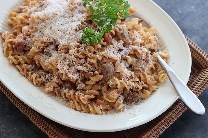 This Jan. 26, 2015 photo shows rotini with creamy burger sauce in Concord, N.H.