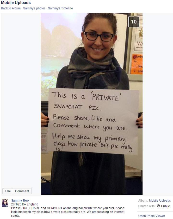 Sammy Roo posted a photo on Facebook encouraging users to share it in order to show her primary class how so-called private photos can be shared by anyone online.