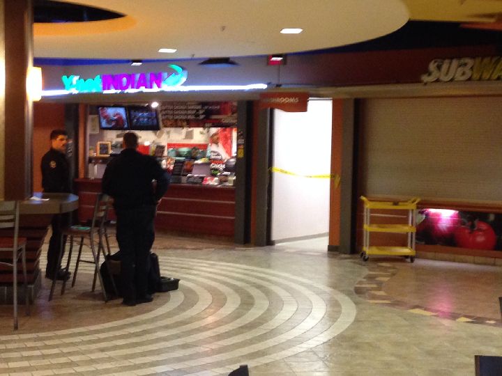 Part of Scotia Place was taped off after a man was stabbed there Monday afternoon.