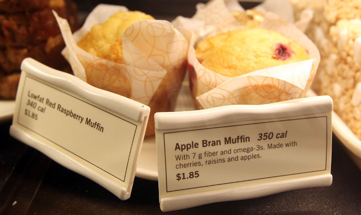 A Starbucks counter displays calorie information on muffins March 24, 2010 in New York City.