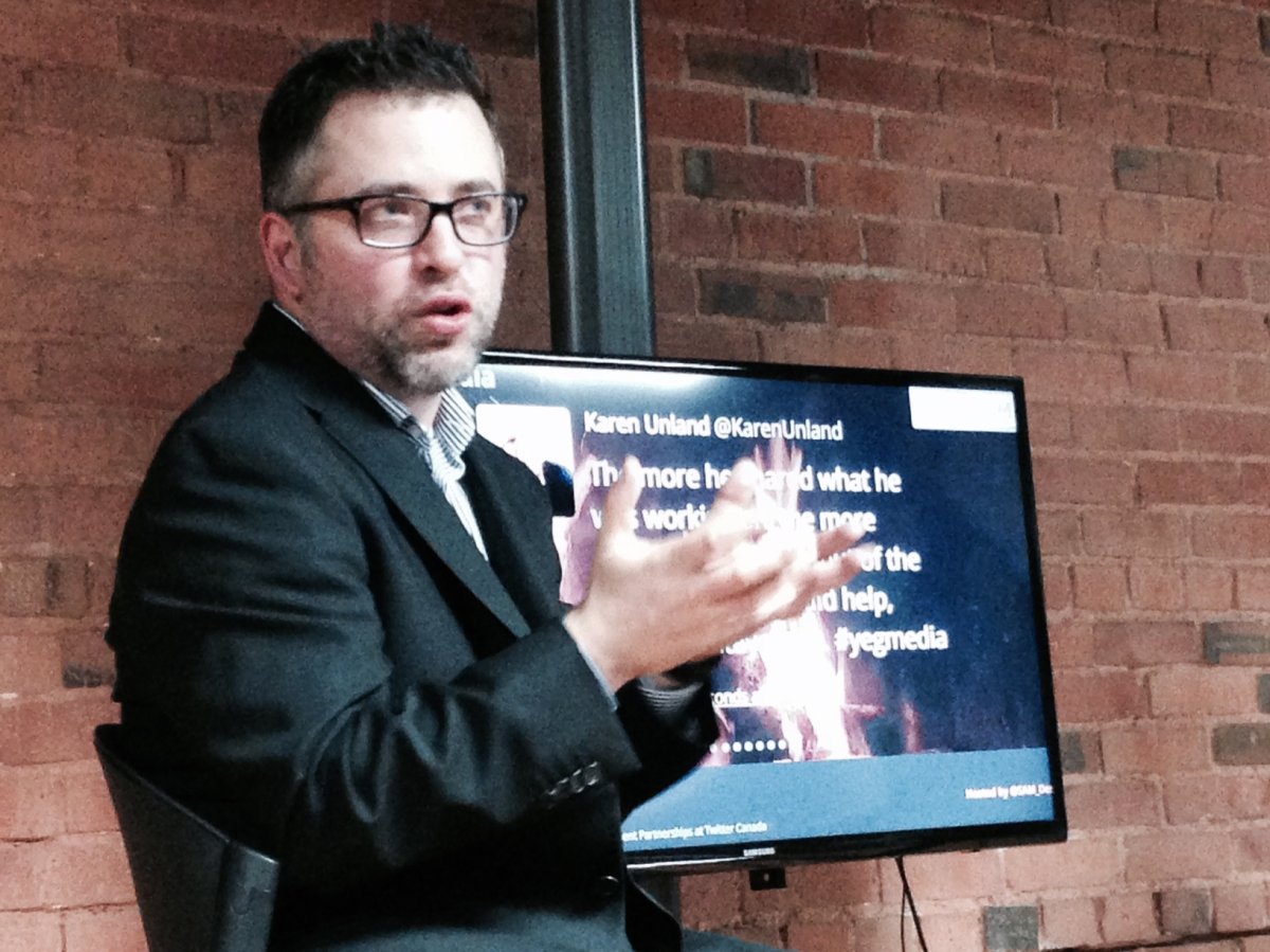 Steve Ladurantaye, head of Canadian news and government partnerships for Twitter Inc., spoke to a group of Edmonton journalists on Feb. 18, 2015, about good ways to use Twitter in the newsroom.