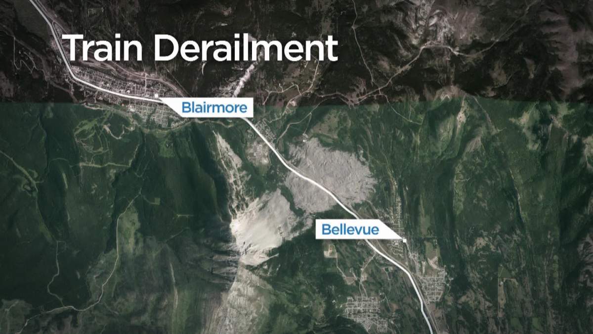 Train derails near Crowsnest Pass west of Lethbridge.