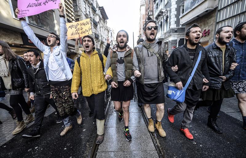 Turkish men wearing skirts demonstrate in Istanbul, to support women's rights in memory of 20-year-old Ozgecan Aslan, who was murdered after she resisted an alleged attempted rape in the southern city of Mersin, on February 21, 2015. 