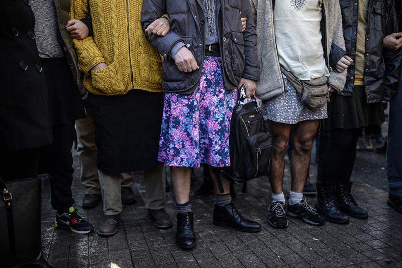 Turkish men wearing skirts demonstrate in Istanbul, to support women’s rights in memory of 20-year-old Ozgecan Aslan, who was murdered after she resisted an alleged attempted rape in the southern city of Mersin, on February 21, 2015.