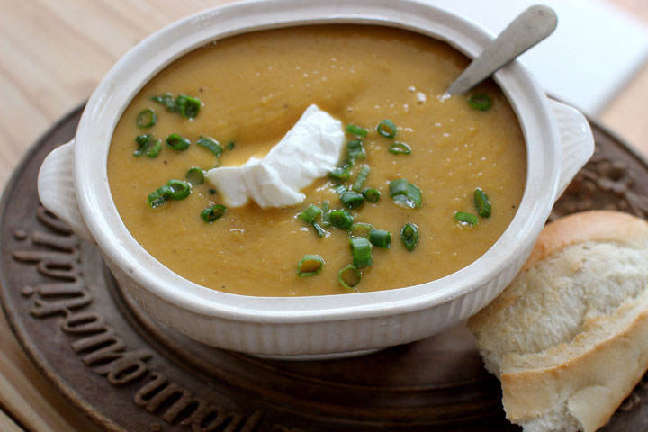 This Feb. 2, 2015 photo shows roasted garlic, turnip and sweet potato soup in Concord, N.H.