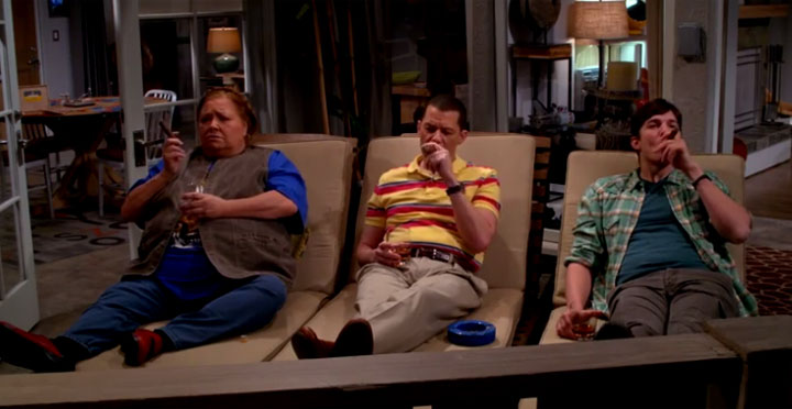 Conchata Ferrell, Jon Cryer and Ashton Kutcher in a scene from the final episode of 'Two and a Half Men.'.