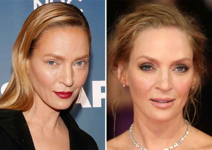 Uma Thurman, pictured on Feb. 9, 2015 (left) and in February 2014 (right).