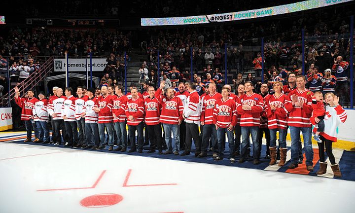 Participants in the Worlds Longest Hockey Game are recognized prior to the game between the Edmonton Oilers and the Minnesota Wild on February 20, 2015 at Rexall Place in Edmonton, Alberta, Canada.