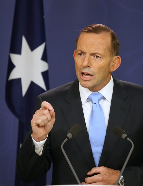 Australian Prime Minister Tony Abbott makes a statement at the government offices in Sydney, Australia on Friday, Feb. 6, 2015. 