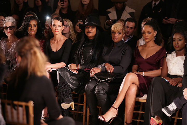 (L-R) Actresses Uzo Aduba, Katie Holmes, a guest, singer Mary J. Blige and singer Rihanna attend the Zac Posen fashion show at Vanderbilt Hall at Grand Central Terminal on February 16, 2015 in New York City.