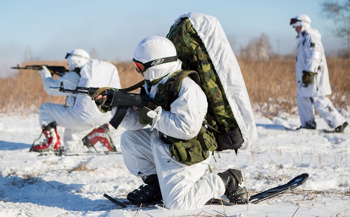 Russia's Arctic infantry rifle units during a military drill in the training area of the Far East Marshal K. Rokossovsky Military Command Academy.