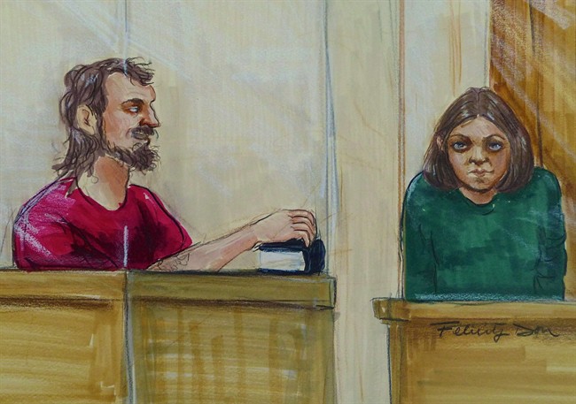 John Nuttall, left, holding a Qur'an, and Amanda Korody appear in provincial court in Surrey, B.C., on Tuesday, July 9, 2013 in an artist's sketch.