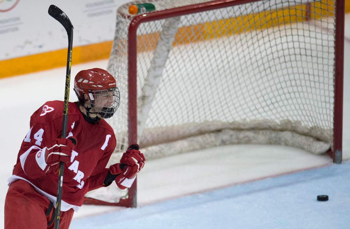 Ontario's Zachary Gallant celebrates his goal during the third period of the gold medal hockey game against Alberta at the Canada Winter Games in Prince George, B.C. Sunday, March 1, 2015. 