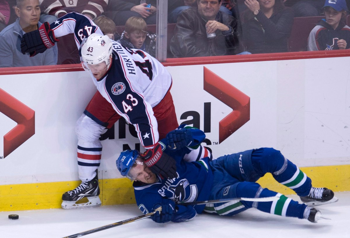 Vancouver Canucks center Henrik Sedin  fights for control of the puck with Columbus Blue Jackets left wing Scott Hartnell during the second period of NHL action. 