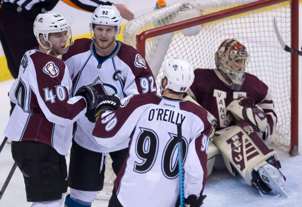 Colorado Avalanche left wing Alex Tanguay celebrates his goal past goalie Eddie Lack with teammates Ryan O'Reilly and Gabriel Landeskog during the second period of NHL action. 