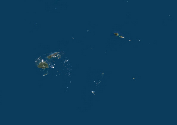 Satellite view of Fiji, Samoa, Tonga, Wallis and Futuna Islands. 
