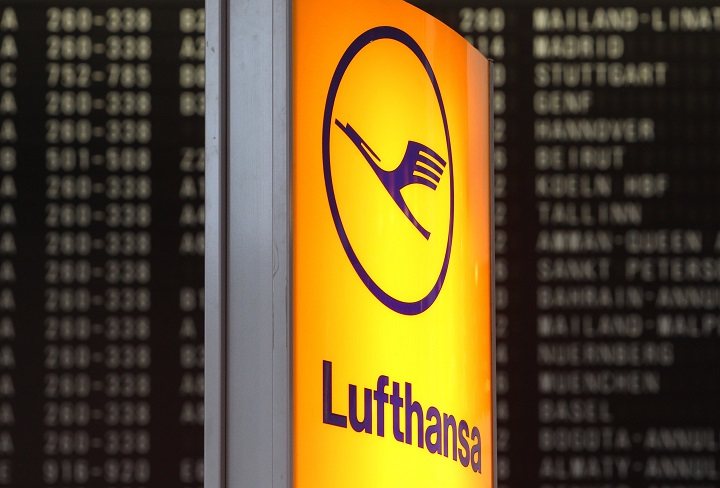 The logo of German airline Lufthansa is pictured at the airport in Frankfurt am Main, Germany, on December 4, 2014. 