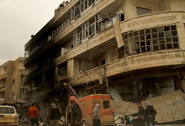 A burnt out building is seen after Syrian army forces attacked on the Hilal Hospital belonging to the Syrian Red Crescent in the city of Idlib, which is under opposition control, on March 29, 2015. Following the attack, ambulances which were parked outside the hospital became unusable. 