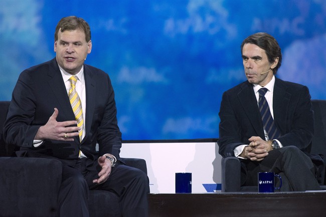 Former Canadian Foreign Affairs Minister John Baird, left, and former Spanish Prime Minister Jose Maria Aznar speak at the 2015 American Israel Public Affairs Committee Policy Conference in Washington, Monday, March 2, 2015.
