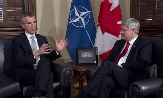 Canadian Prime Minister Stephen Harper meets with NATO Secretary General Jens Stoltenberg in Ottawa, Monday March 23, 2015.