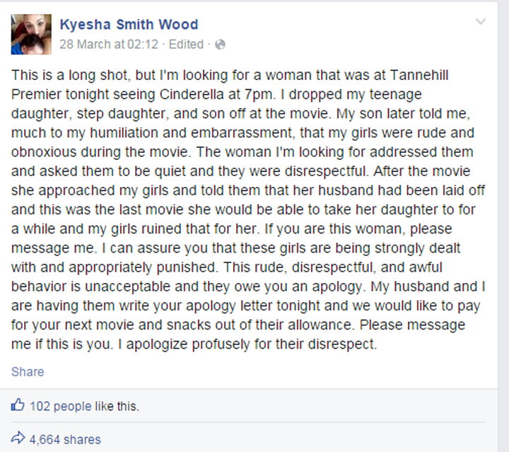 Kyesha Smith Wood used Facebook to reach out to another Alabama mom who had her movie experience ruined because of Wood's daughters.