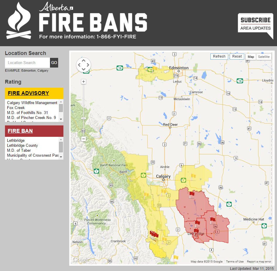 A screen shot from AlbertaFireBans.ca for March 11, 2015.
